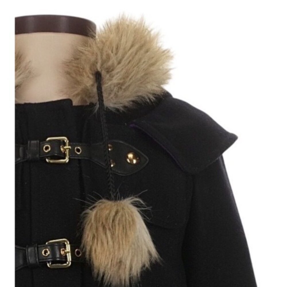 VTG Juicy Couture Black Wool Blend Faux Fur Trim Hooded Toggle Coat| Y2K Mobwife - Picture 3 of 16